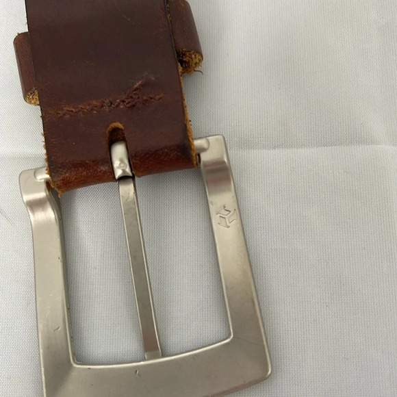 VINTAGE Mens Nutmeg Brown Genuine Leather Belt Brushed Silver-tone Buckle Size M - Picture 3 of 10